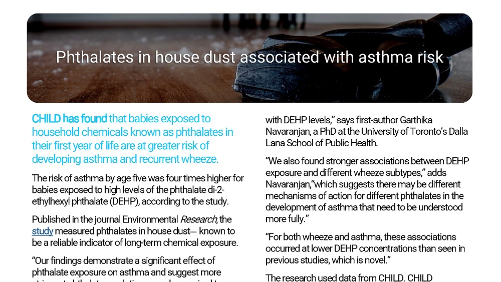 Phthalates In House Dust Associated With Asthma Risk - CHILD Cohort Study